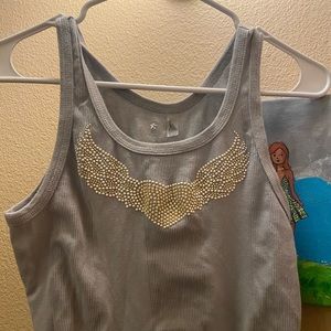 Baby blue twisted heart rhinestone tank top